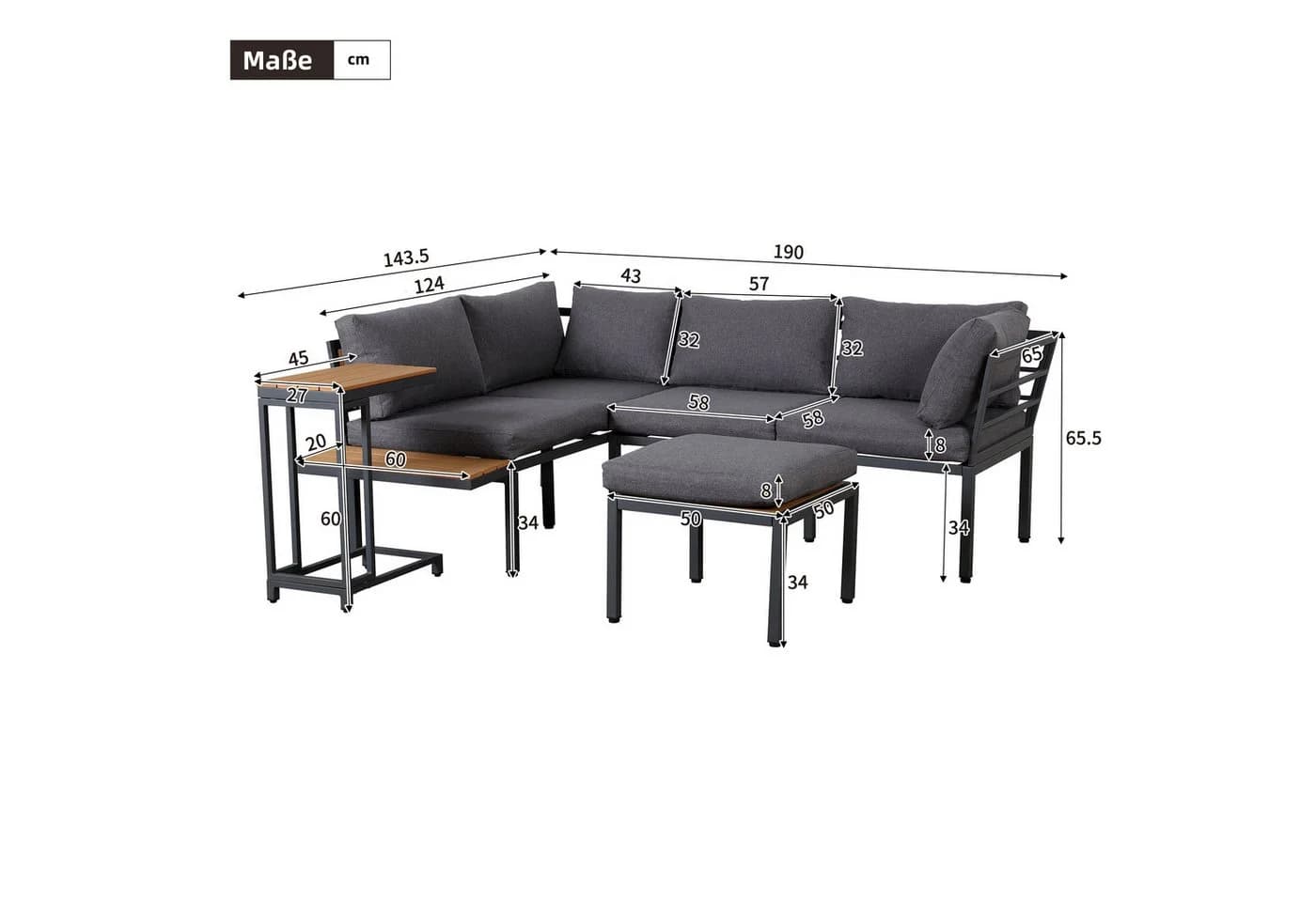 Celya Gartenlounge-Set 4-tlg. Grau/Schwarz mit Sofa, Beistelltisch & Couchtisch