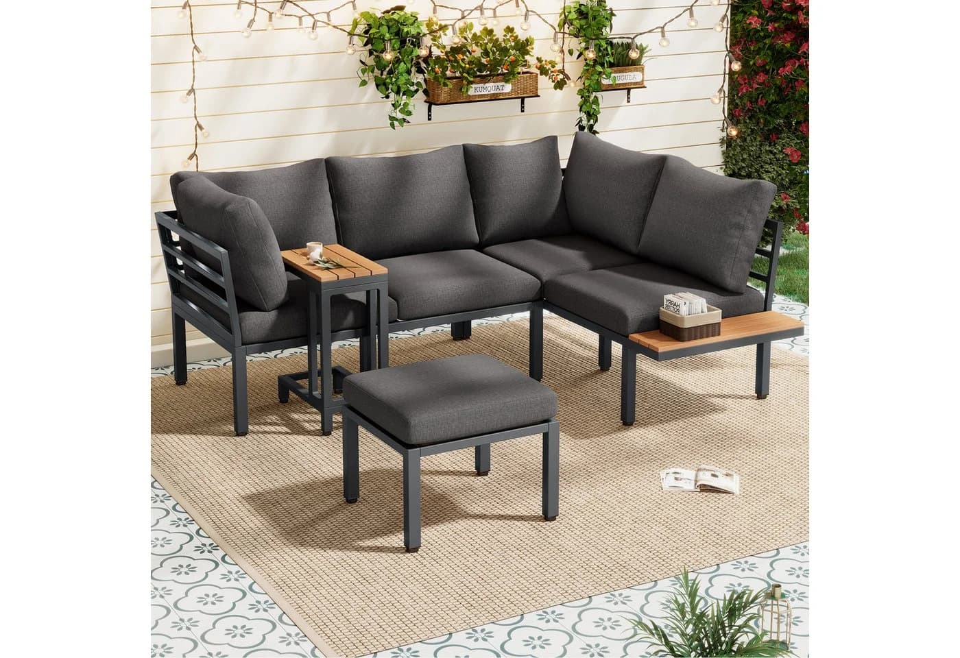 Celya Gartenlounge-Set 4-tlg. Grau/Schwarz mit Sofa, Beistelltisch & Couchtisch - Bild 2