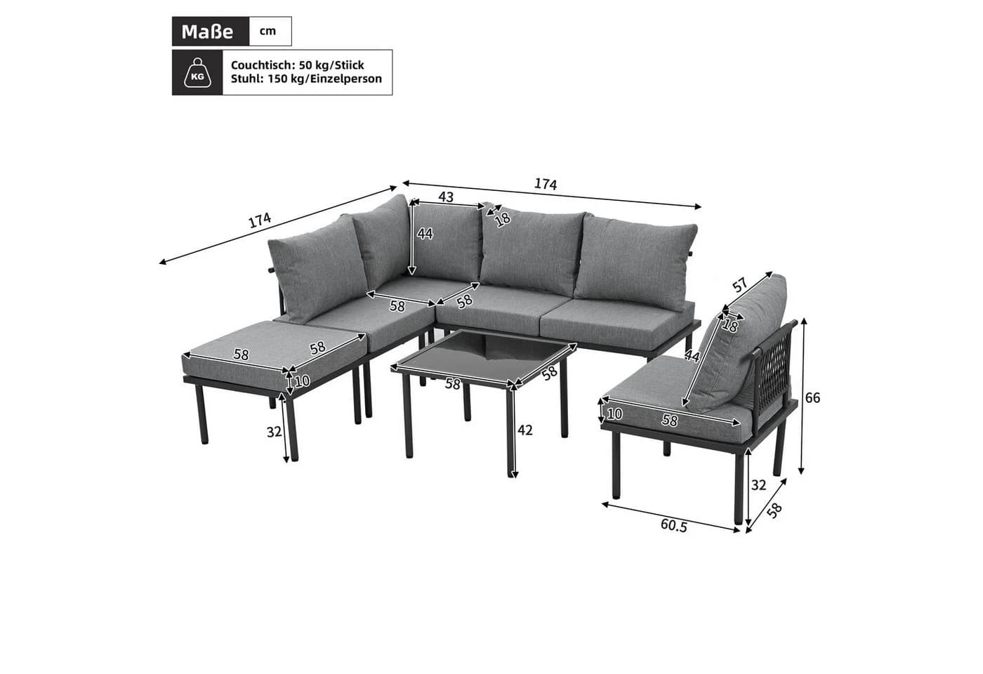 Celya Gartenlounge-Set 6-tlg. Beige/Grau Seil & Stahl