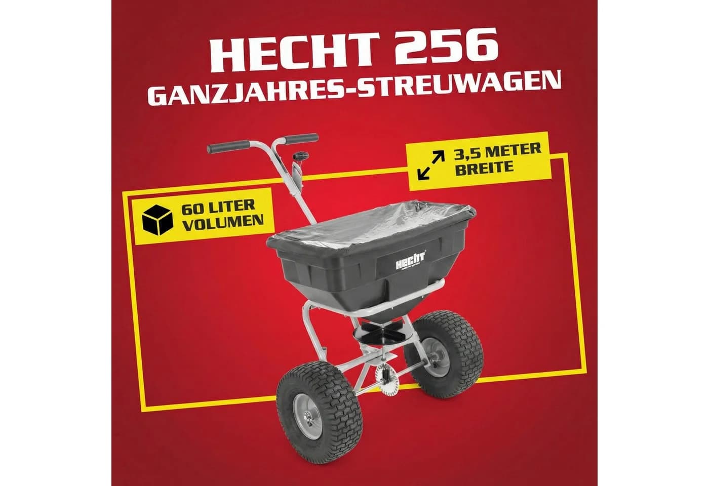 Hecht Streuwagen 256 mit Grobsieb und Abdeckhaube bis 3,5 m Streubreite, 60 l Füllmenge, Ergonomisch, Universal