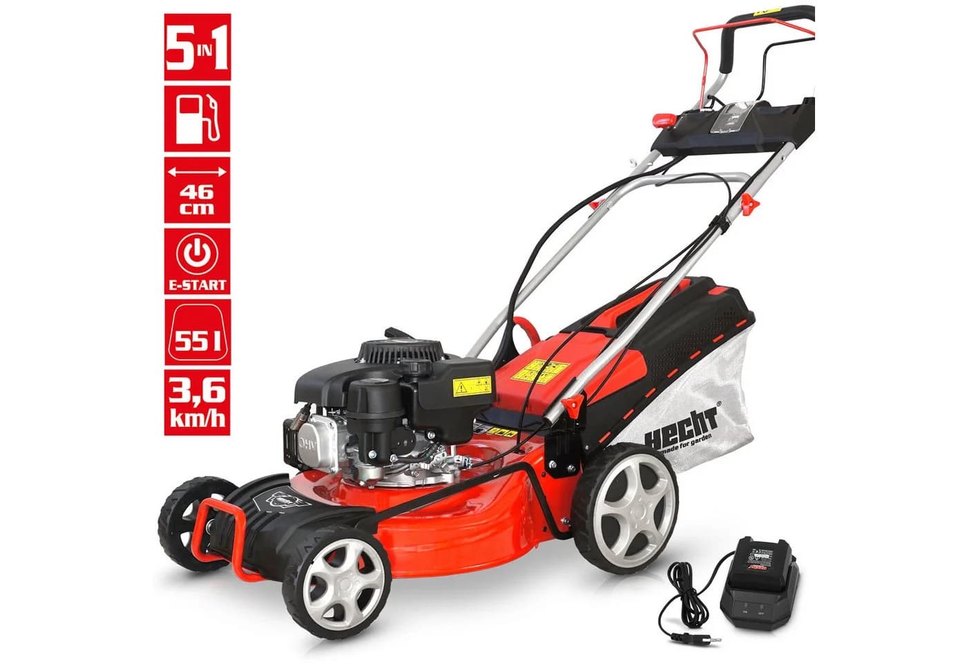 Hecht Benzinrasenmäher 547 SWE 5in1 mit Elektrostart Radantrieb Mulchkit 46 cm Schnittbreite 3,7 PS