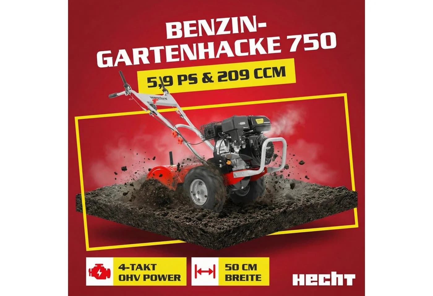 Hecht Benzinmotorhacke 750 Gartenfräse 50 cm Arbeitsbreite Stahlgehäuse