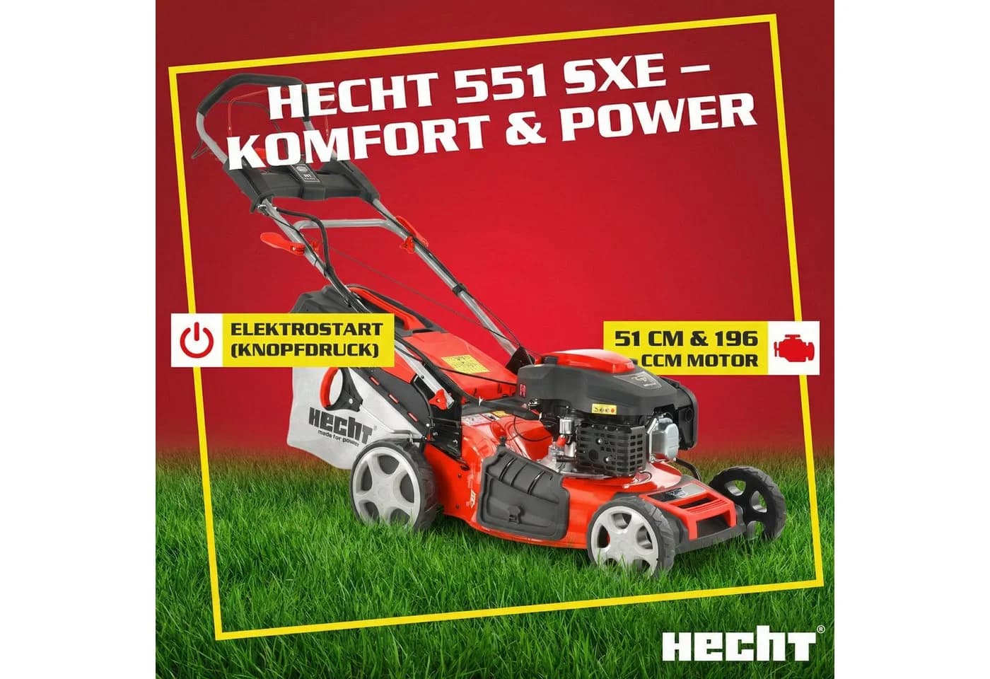 Hecht Benzinrasenmäher 551 SXE mit Radantrieb, 51 cm Schnittbreite, 5,5 PS, 5-in-1, 65L Fangkorb, Mulchkit