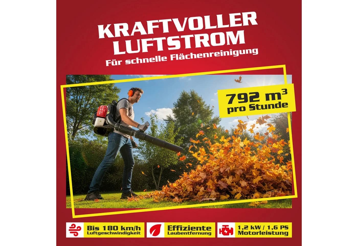 Hecht Benzin-Rückenlaubbläser 1,7PS 900m³/h Rot