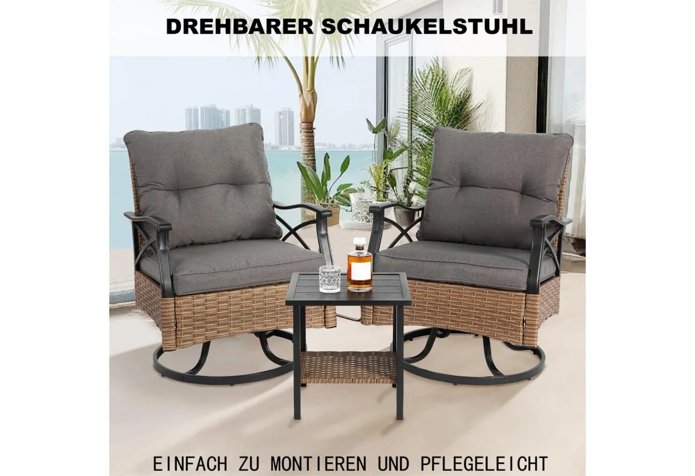 LVHOM Balkonset Outdoor-Loungeset PE-Rattan Schaukelstuhl 360° Swivel