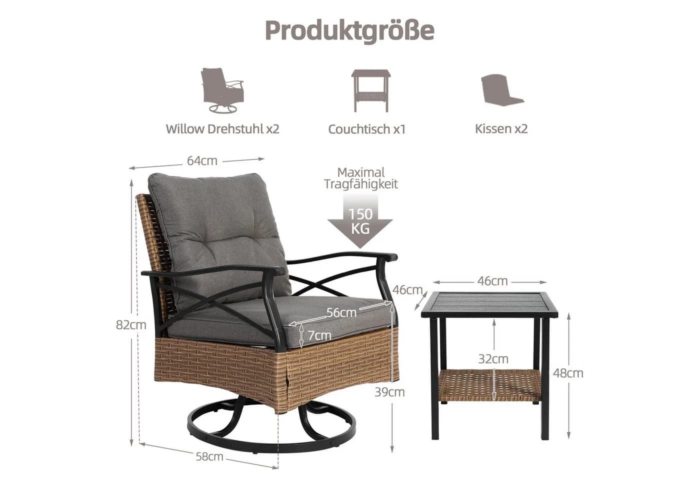 LVHOM Balkonset Outdoor-Loungeset PE-Rattan Schaukelstuhl 360° Swivel - Bild 3