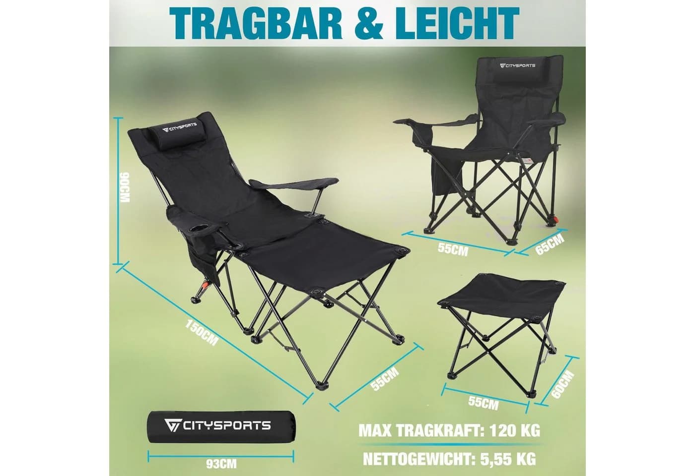 CITYSPORTS Campingstuhl Faltbar mit Fußablage Schwarz - Bild 3