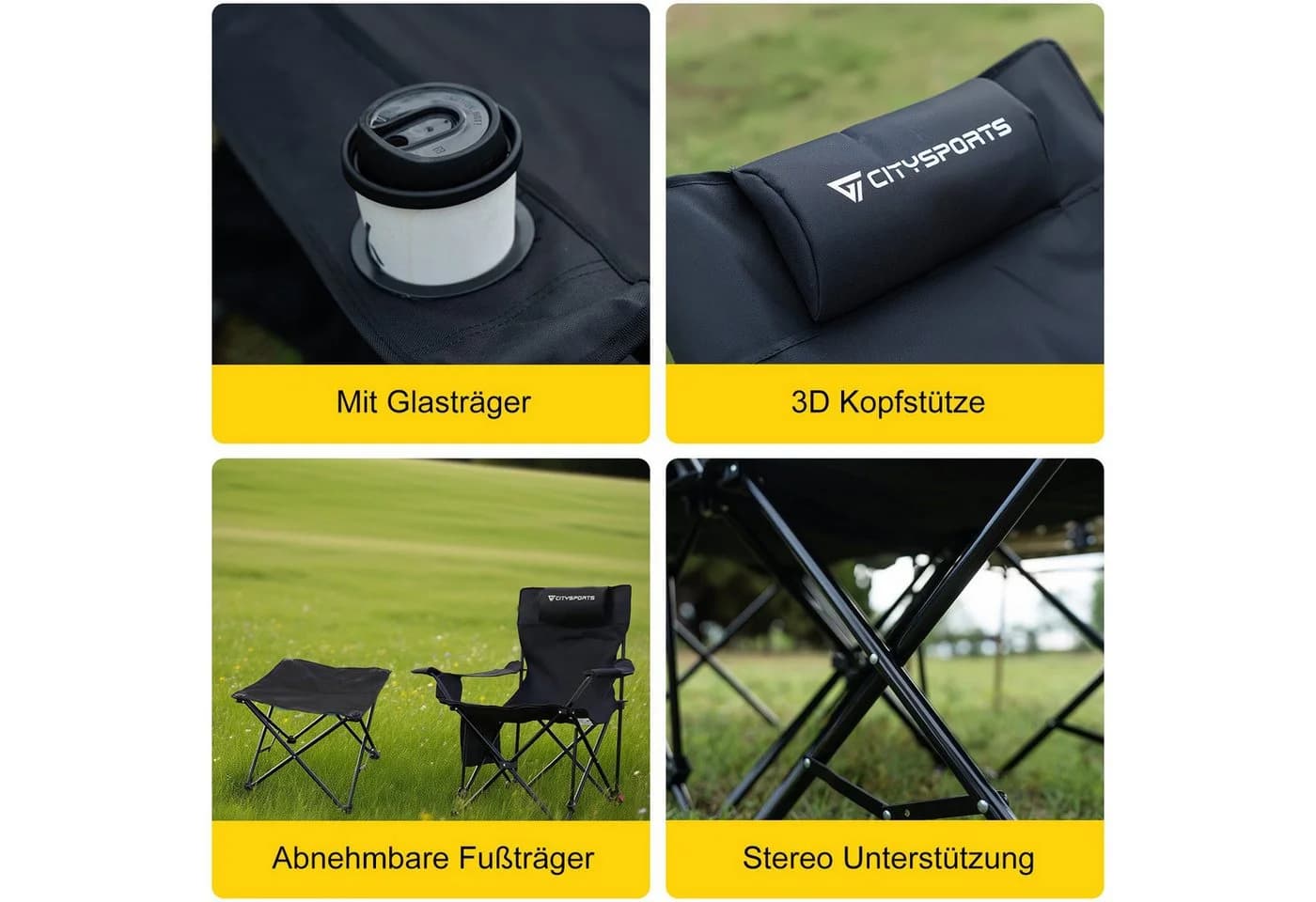CITYSPORTS Campingstuhl Faltbar mit Fußablage Schwarz - Bild 4
