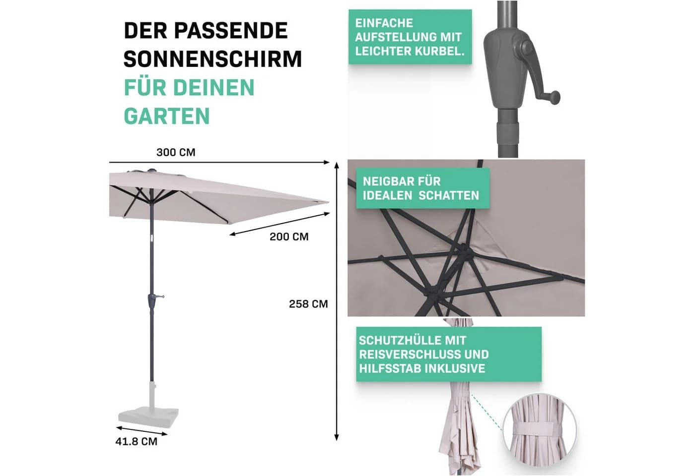 VONROC Sonnenschirm rechteckig Schwarz Kurbelmechanismus - Bild 4