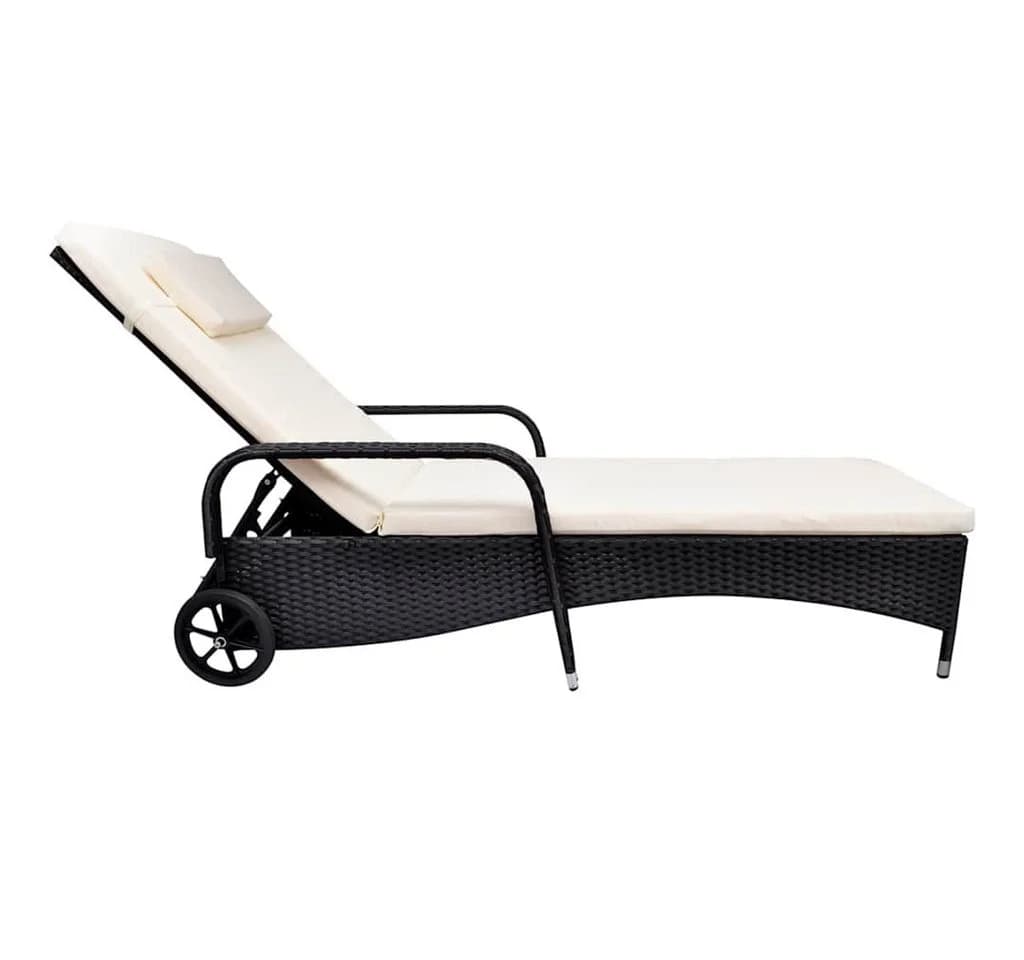 vidaXL Gartenliege Poly Rattan Schwarz mit Polster & Rollen
