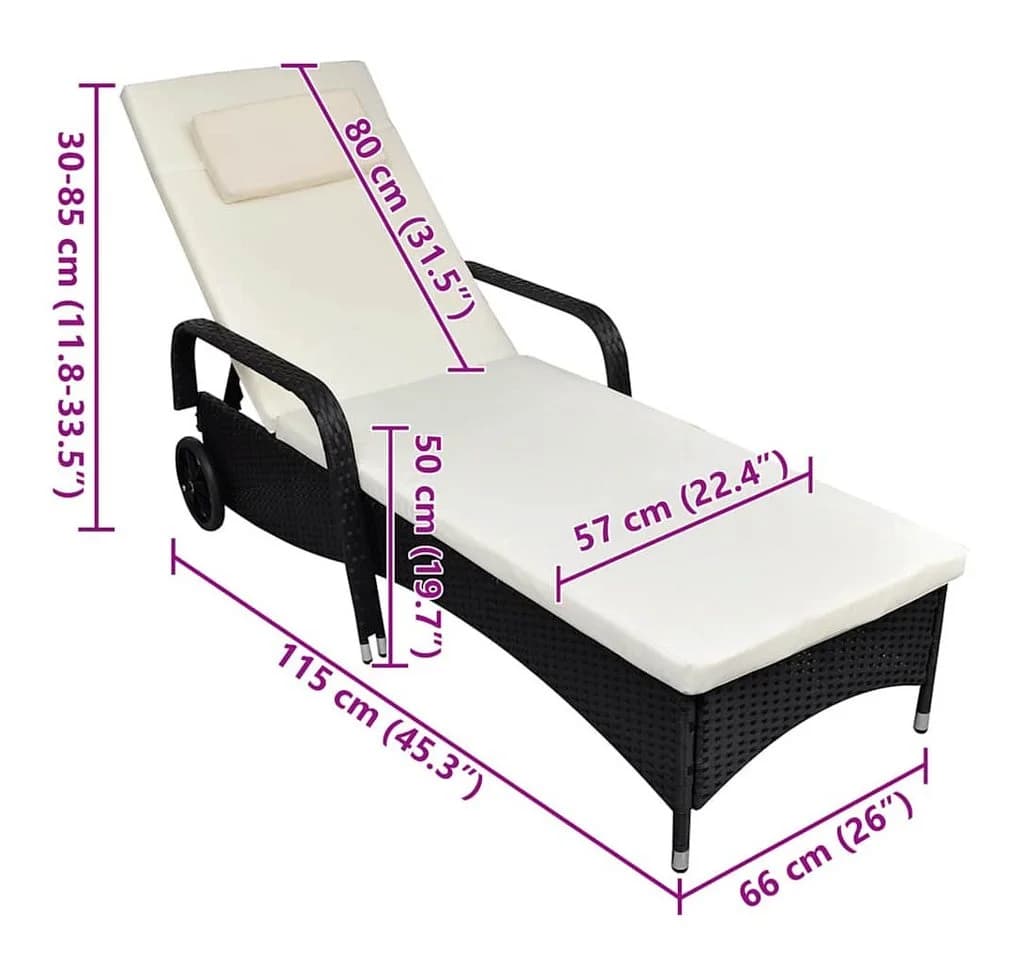 vidaXL Gartenliege Poly Rattan Schwarz mit Polster & Rollen - Bild 4
