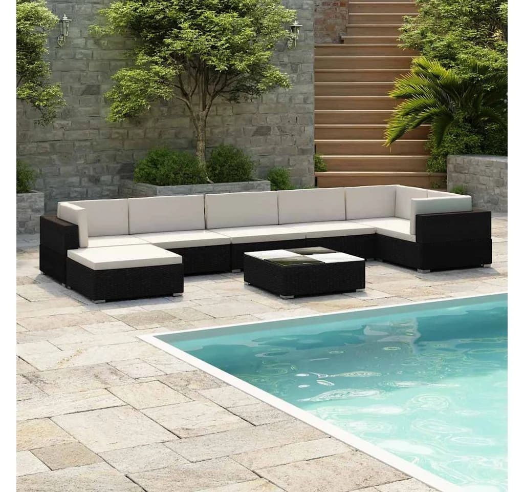 vidaXL Gartenlounge-Set 8-tlg. Schwarz Poly Rattan mit Kissen