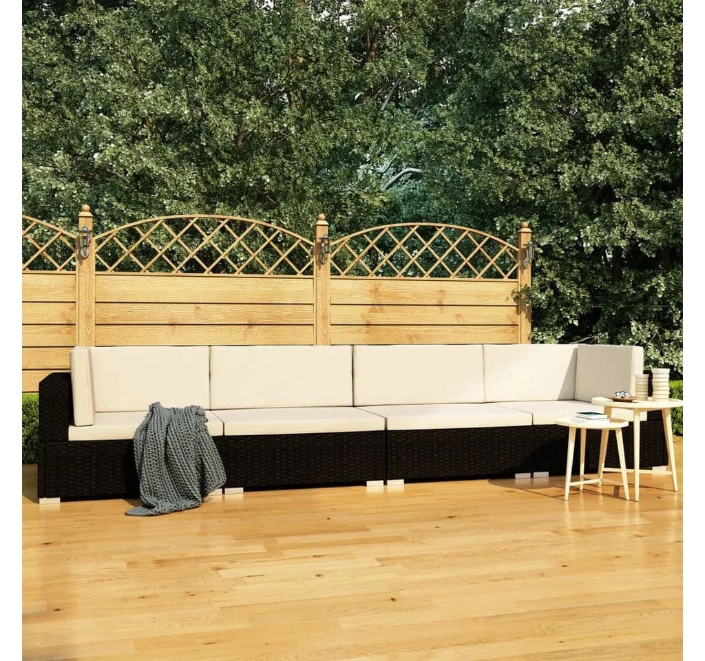 vidaXL Gartenlounge-Set 4-tlg. Schwarz Poly Rattan mit Kissen