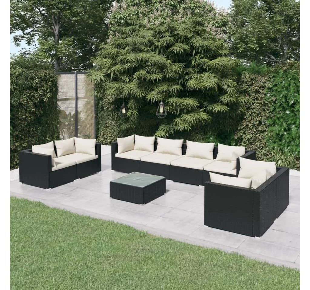 vidaXL Gartenlounge-Set 9-tlg. Schwarz Poly Rattan mit Kissen