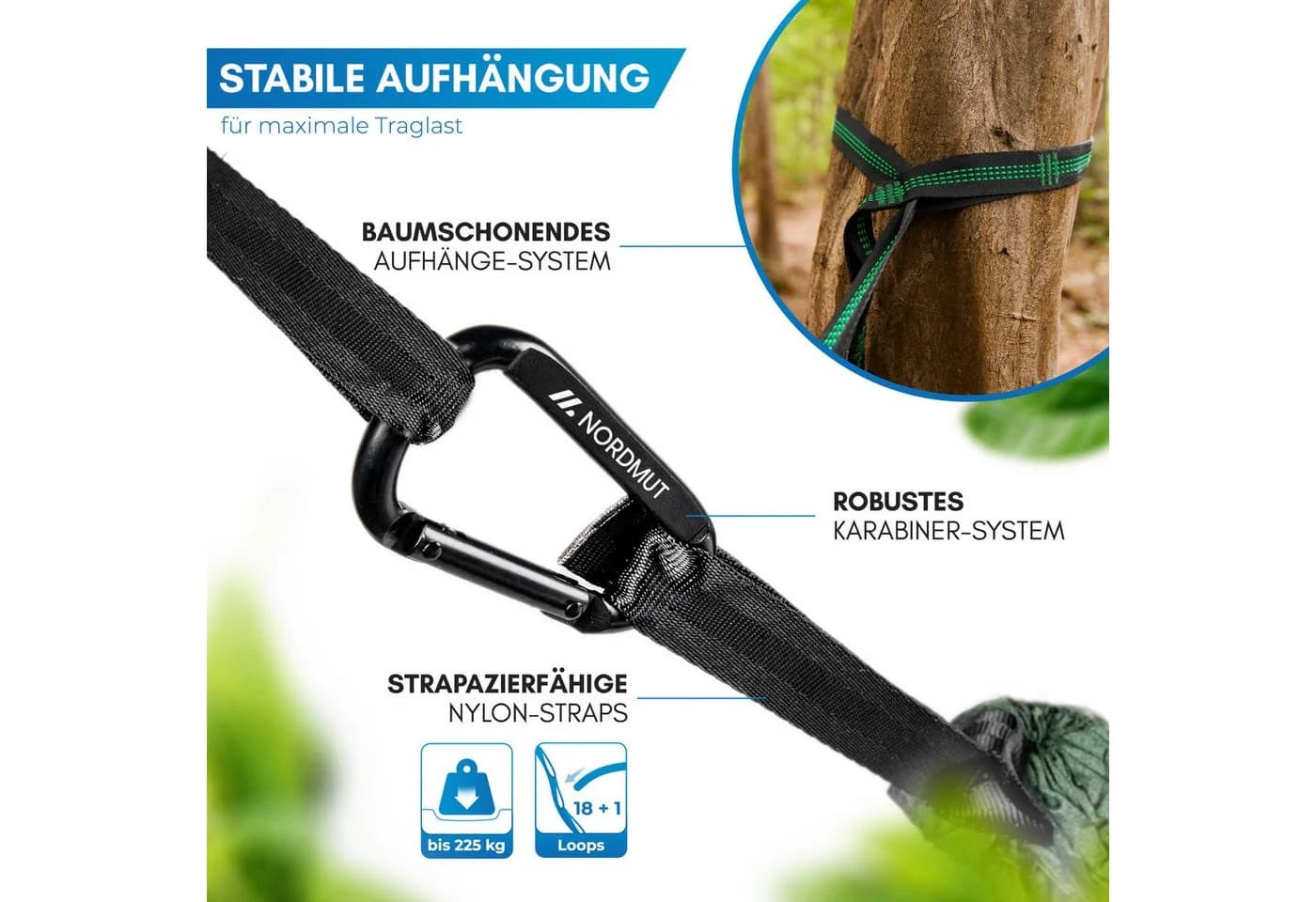 Nordmut Hängematte Outdoor Ultraleicht Grün mit Befestigungs-Set
