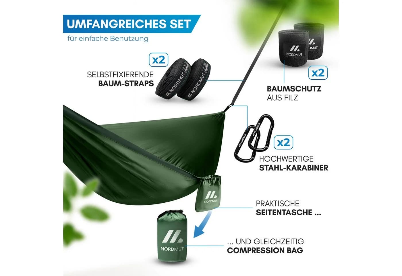 Nordmut Hängematte Outdoor Ultraleicht Grün mit Befestigungs-Set - Bild 4