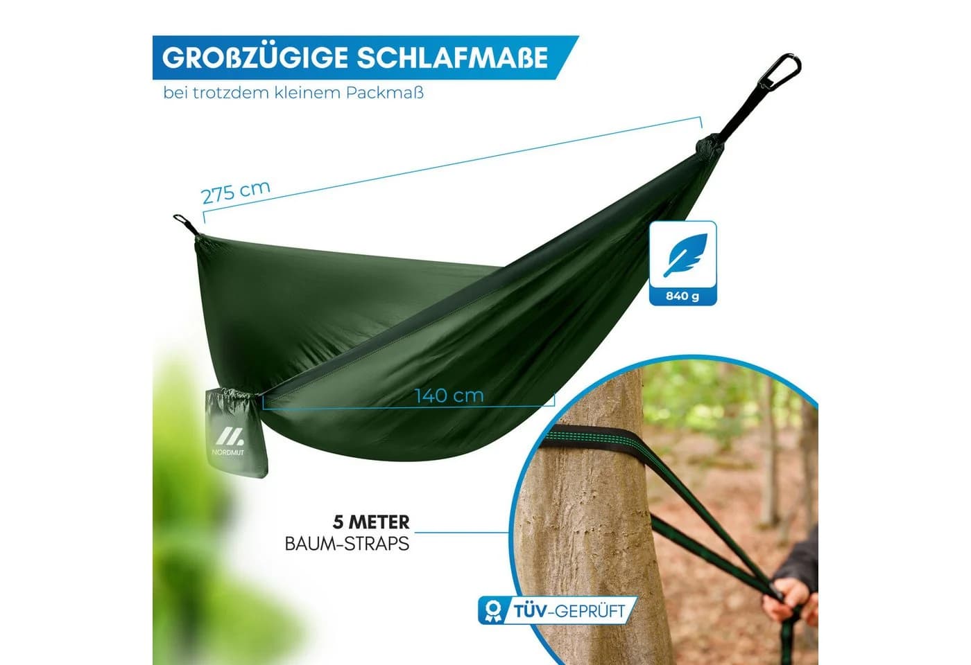 Nordmut Hängematte Outdoor Ultraleicht Grün mit Befestigungs-Set - Bild 5
