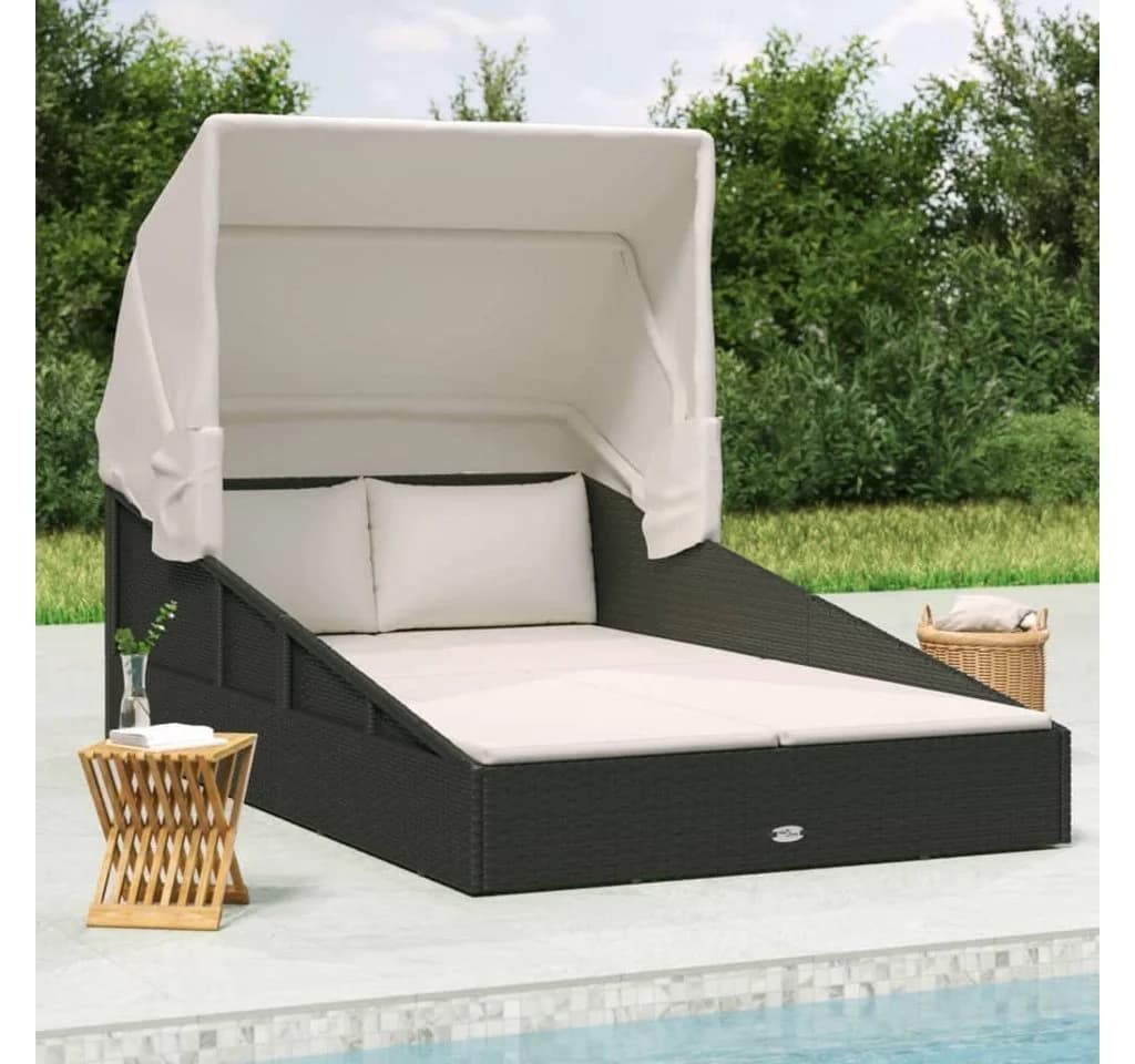 vidaXL Gartenliege mit Faltdach Schwarz PE-Rattan