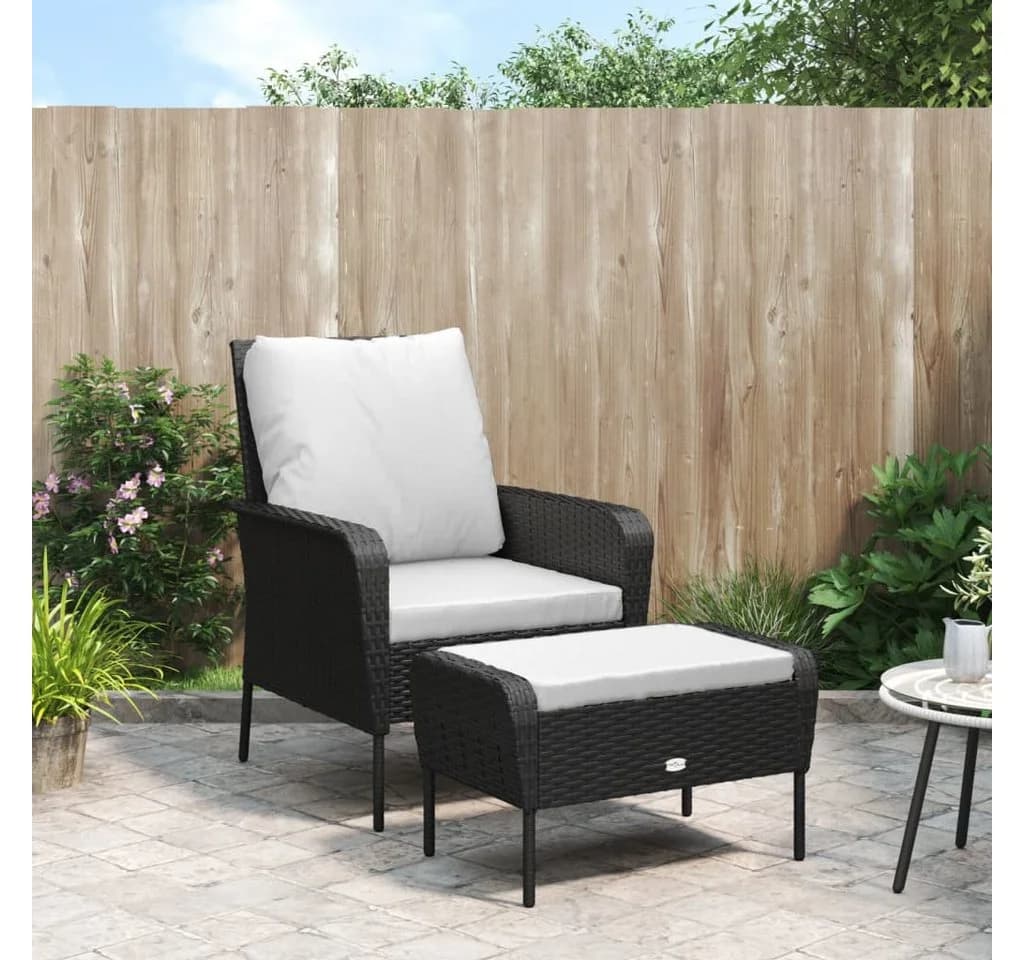 vidaXL Gartenstuhl mit Fußhocker Schwarz Poly Rattan