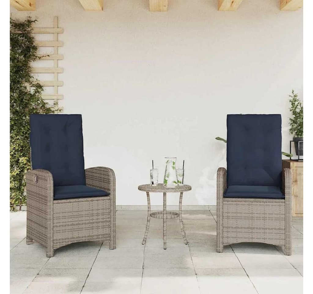 vidaXL Gartenstuhl 2er-Set Grau mit Kissen Verstellbar Poly Rattan