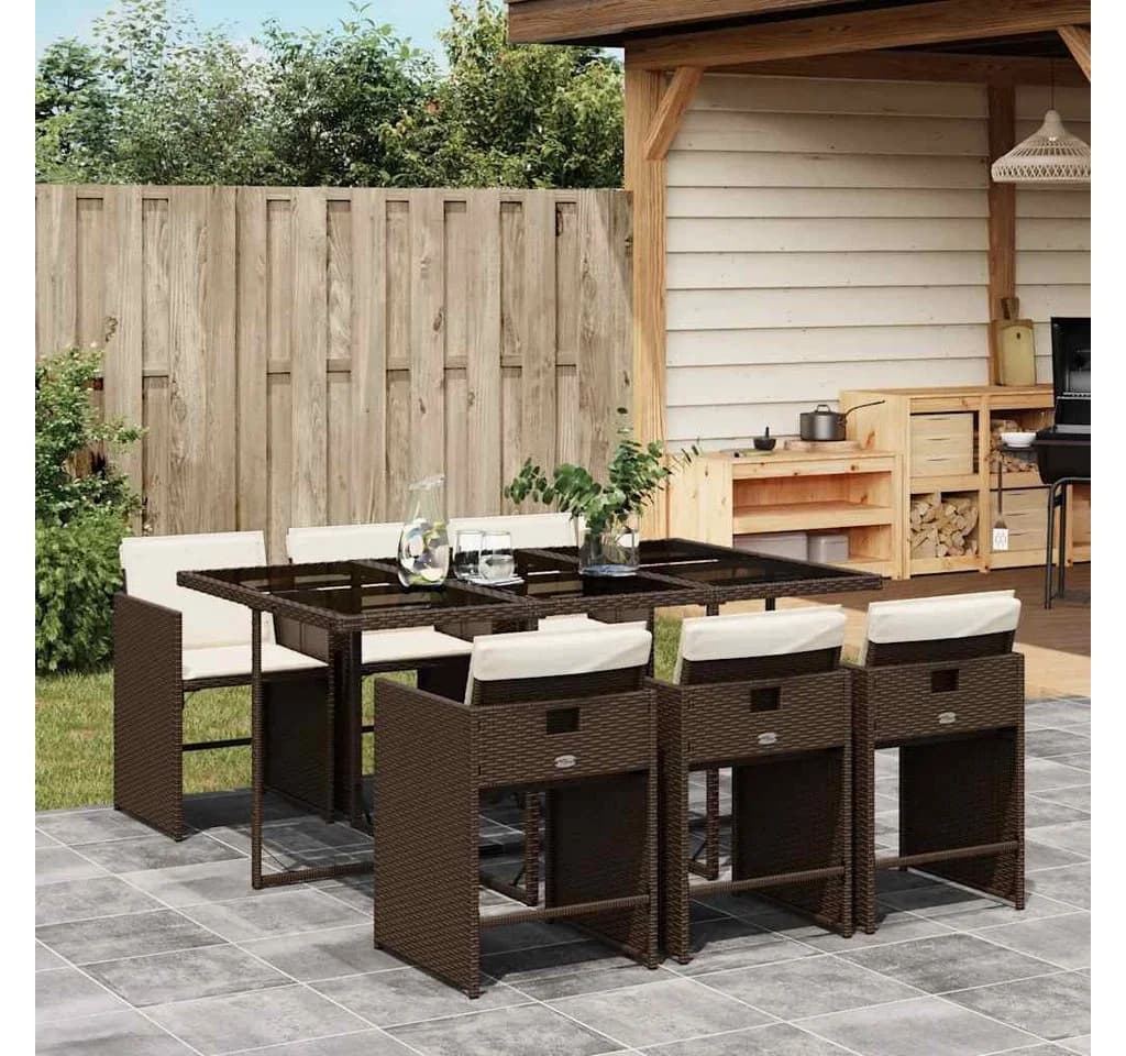 vidaXL Garten-Essgruppe 7-tlg. Braun Poly Rattan mit Kissen