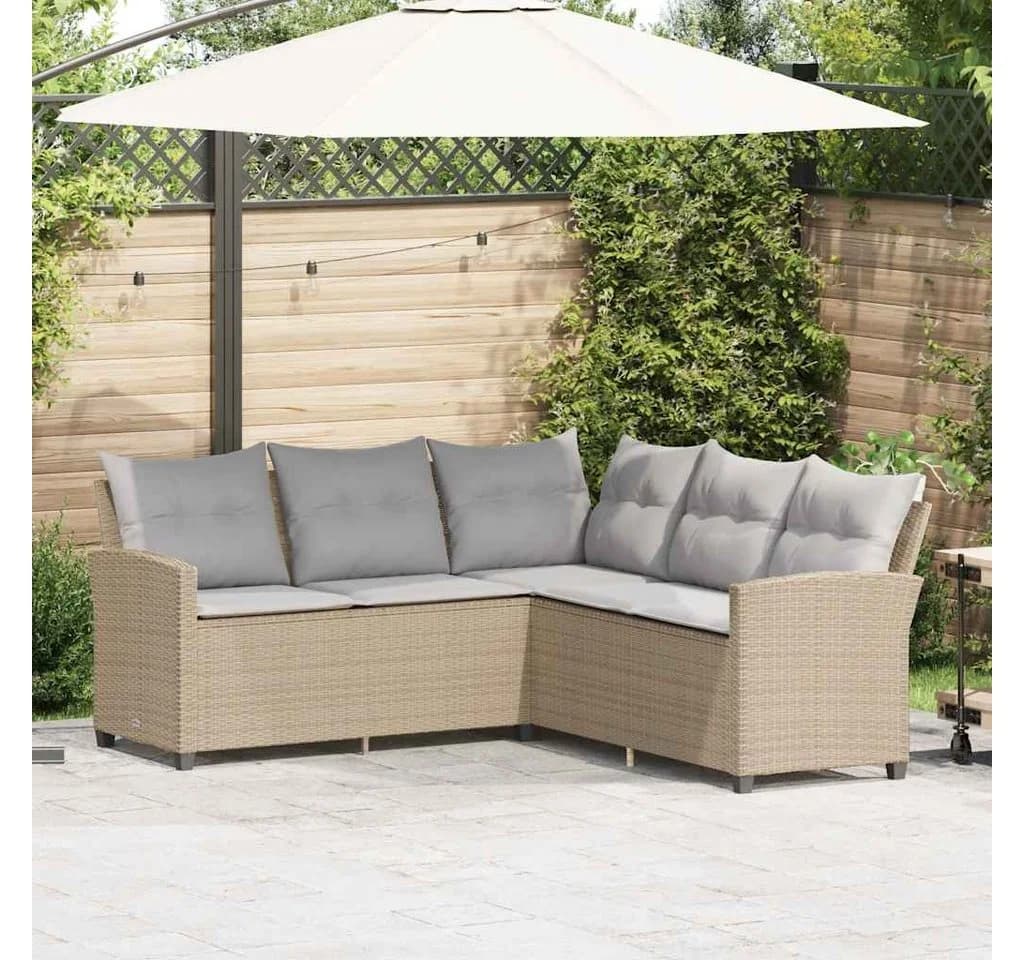 vidaXL Gartenlounge-Set L-förmig Beige/Grau Poly Rattan mit Kissen