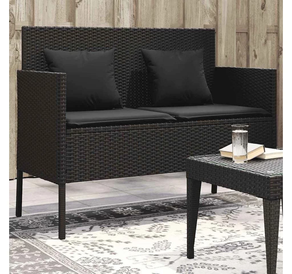 vidaXL Gartenbank mit Stauraum und Kissen Schwarz PE-Rattan