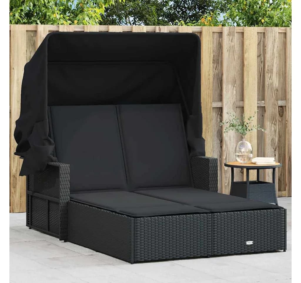 vidaXL Doppel-Sonnenliege Schwarz Poly Rattan mit Dach