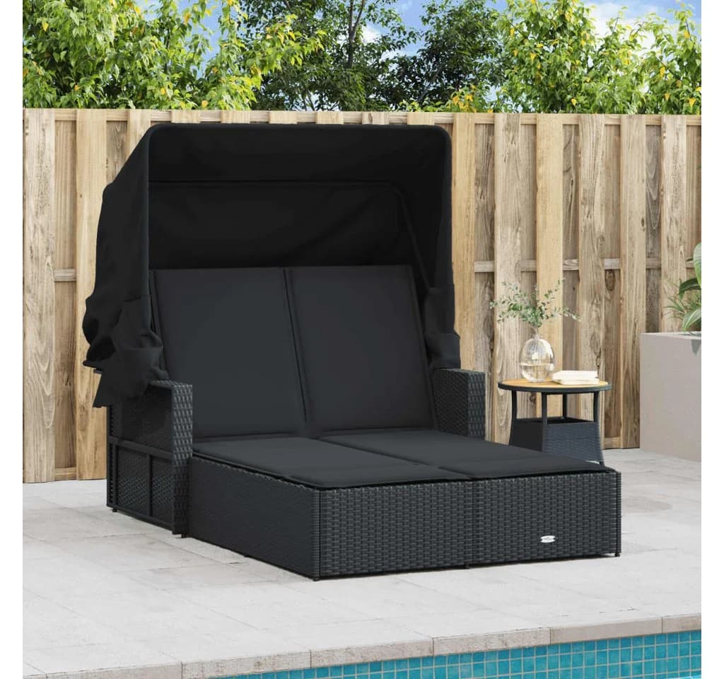 vidaXL Doppel-Sonnenliege Schwarz Poly Rattan mit Dach - Bild 3