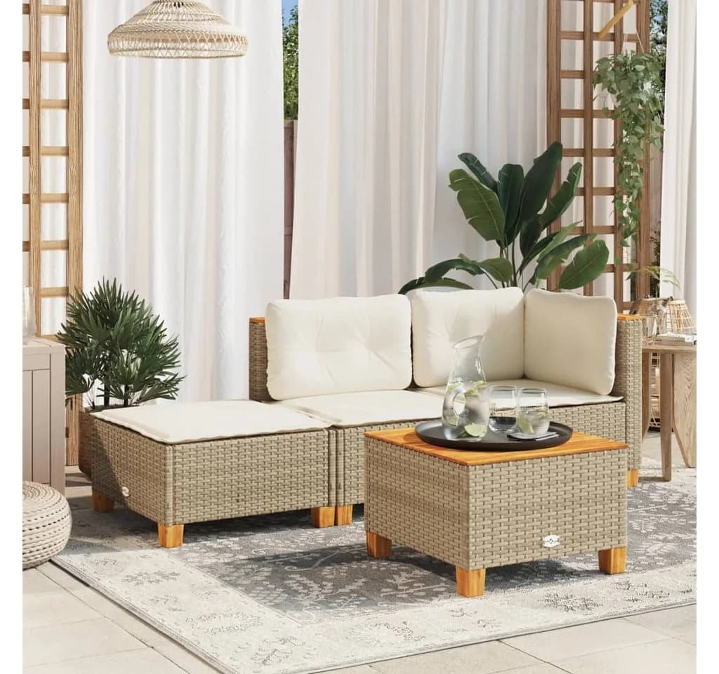 vidaXL Gartenhocker Beige mit Kissen Poly Rattan