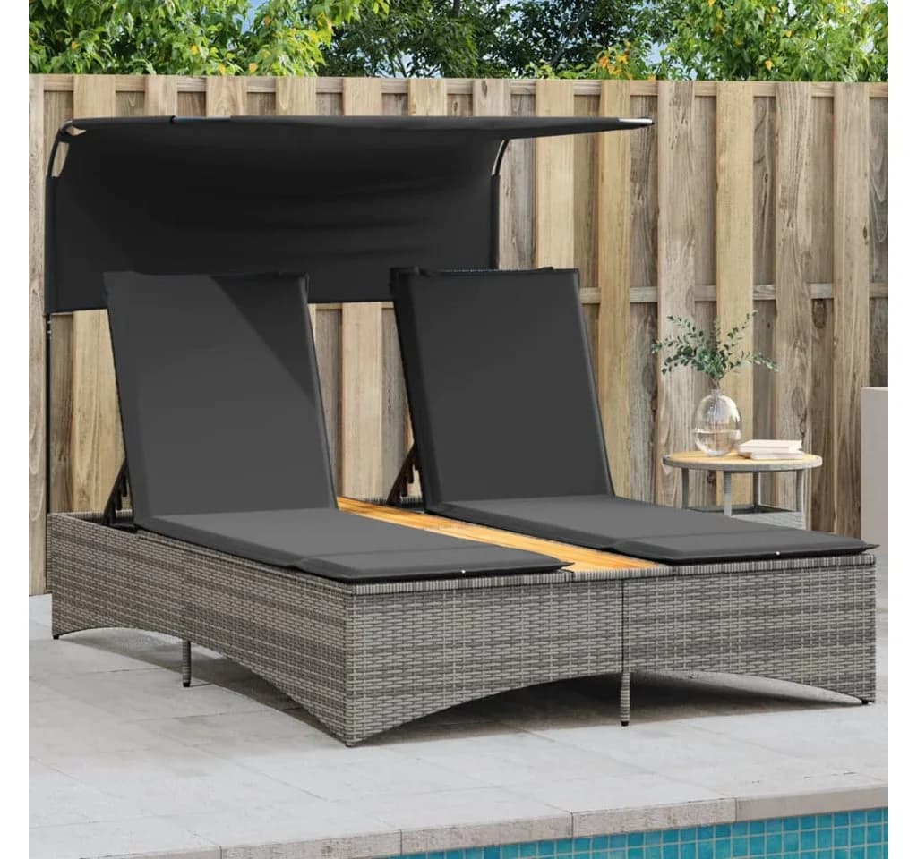vidaXL Doppel-Sonnenliege Grau Poly Rattan mit Dach