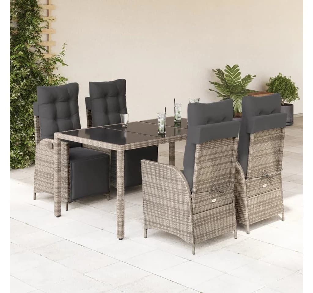 vidaXL Garten-Essgruppe 5-tlg. Grau Poly Rattan mit Hartglas