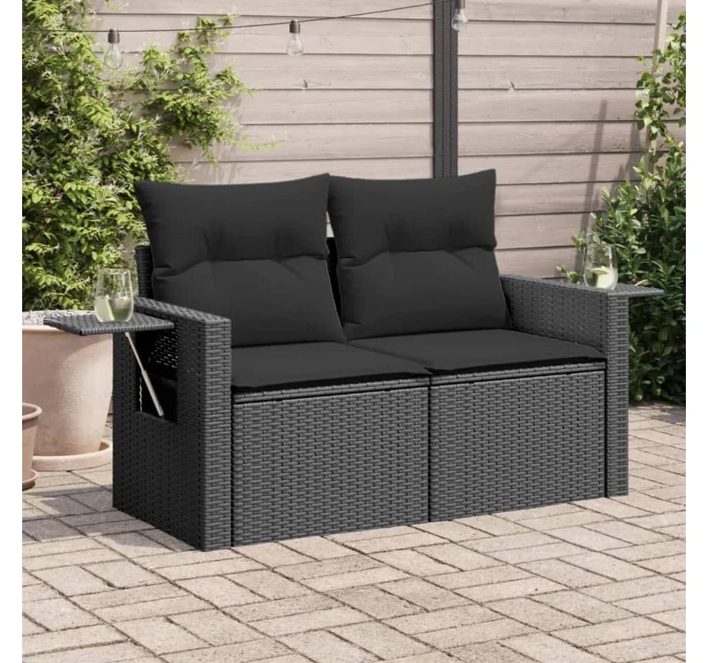 vidaXL Gartensofa 2-Sitzer Schwarz Poly Rattan mit Kissen