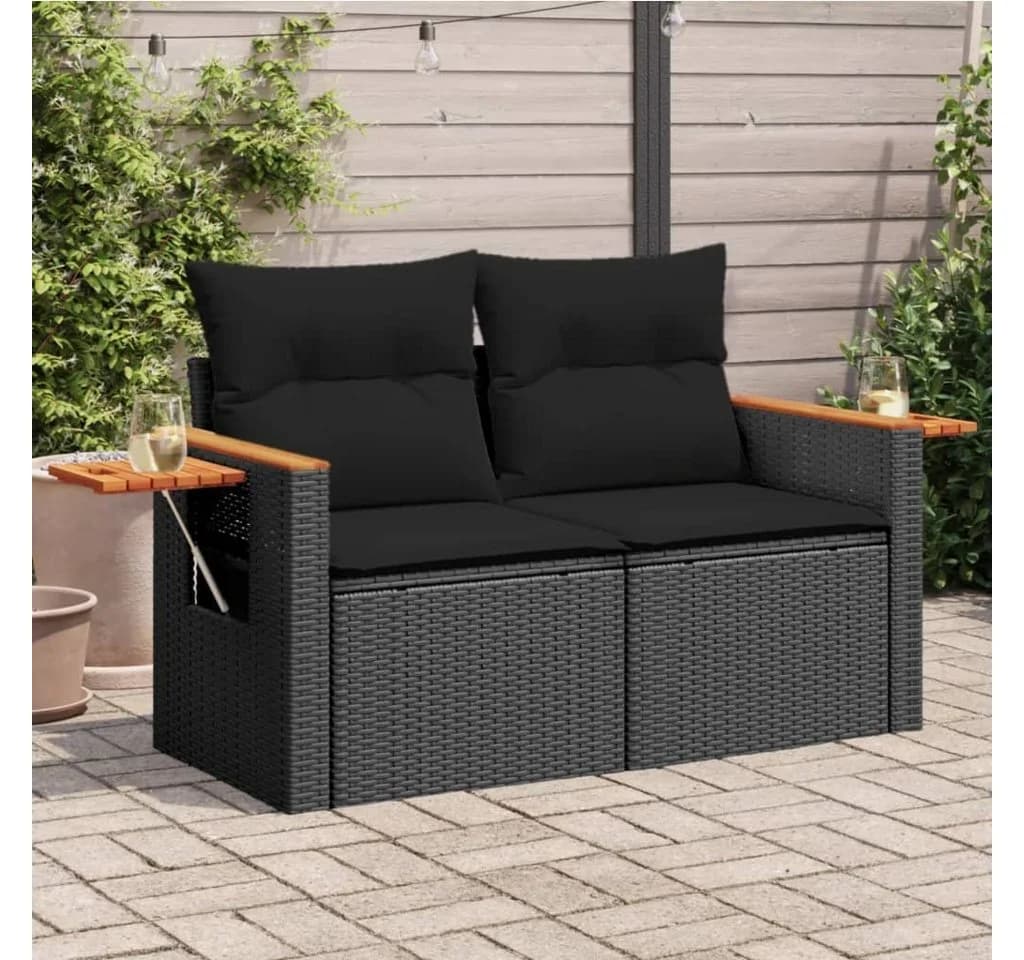 vidaXL Loungesofa 2-Sitzer Schwarz Poly Rattan mit Kissen