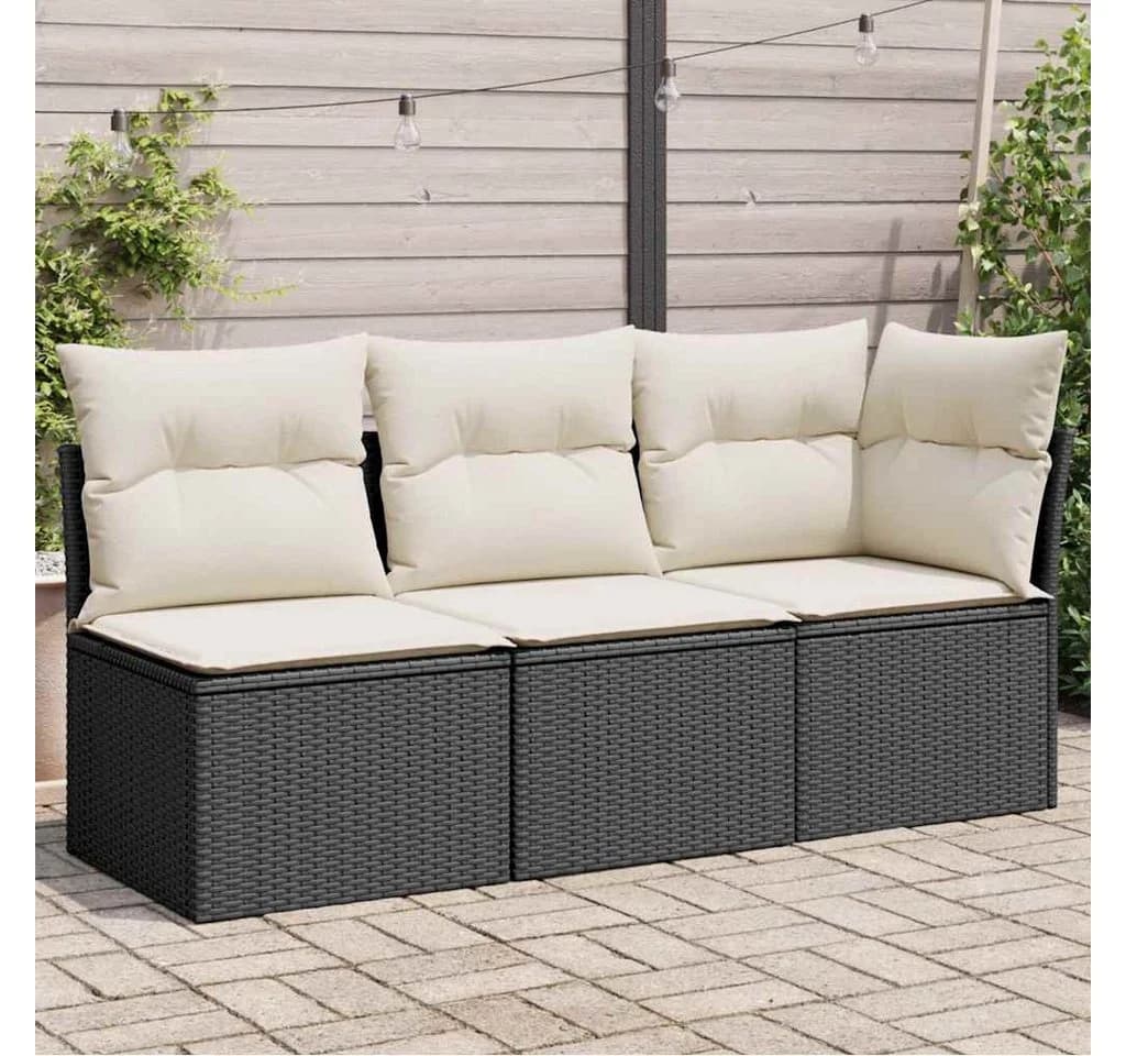 vidaXL Gartensofa 3-Sitzer Schwarz Poly Rattan mit Kissen