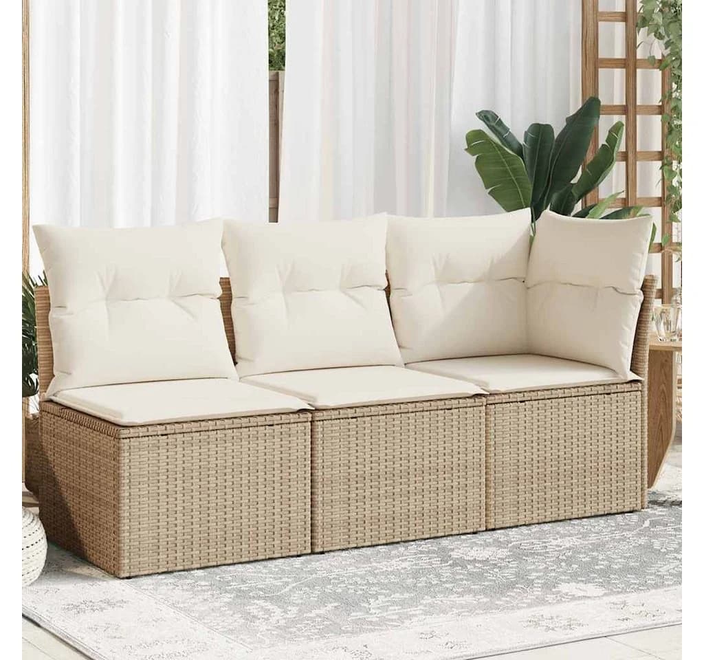 vidaXL Gartensofa 3-Sitzer Beige Poly Rattan mit Kissen