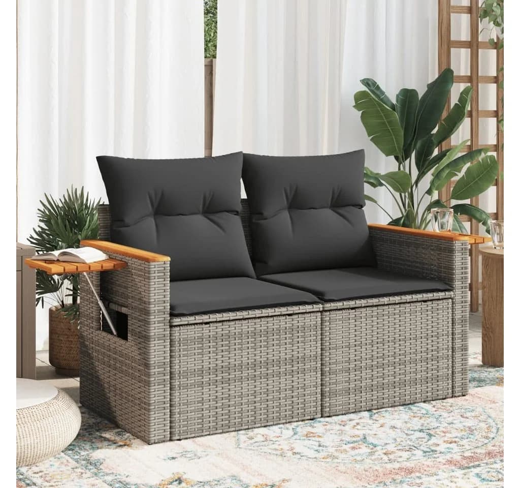 vidaXL Loungesofa 2-Sitzer Grau Poly Rattan mit Kissen