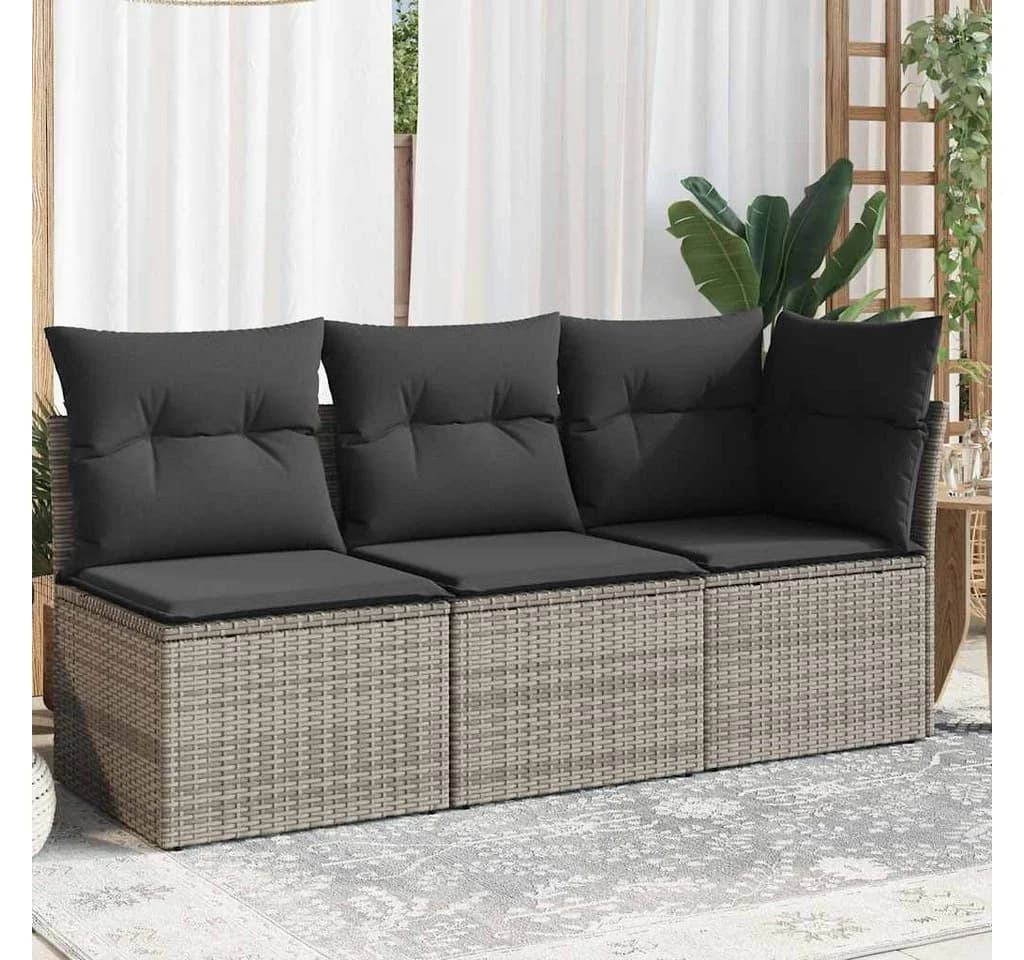 vidaXL Loungesofa 3-Sitzer Grau Poly Rattan mit Kissen