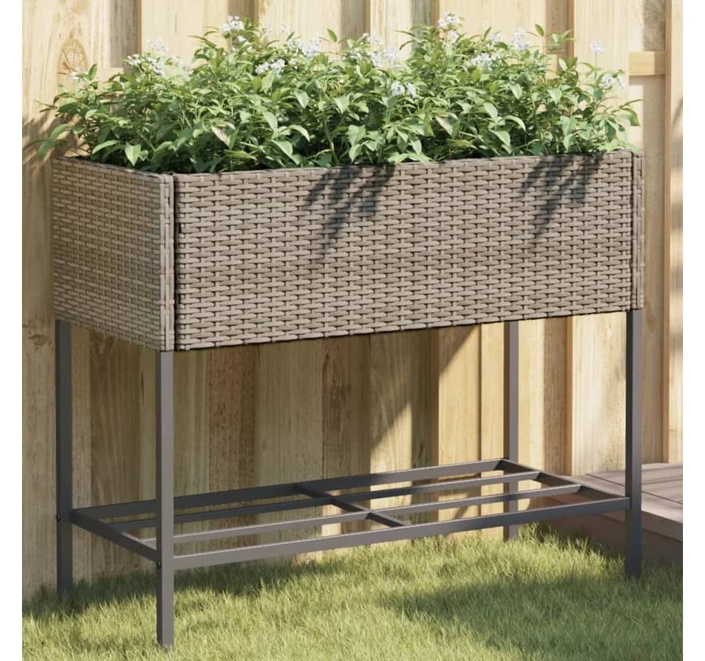 vidaXL Hochbeet 2er Set Grau Poly-Rattan mit Ablage
