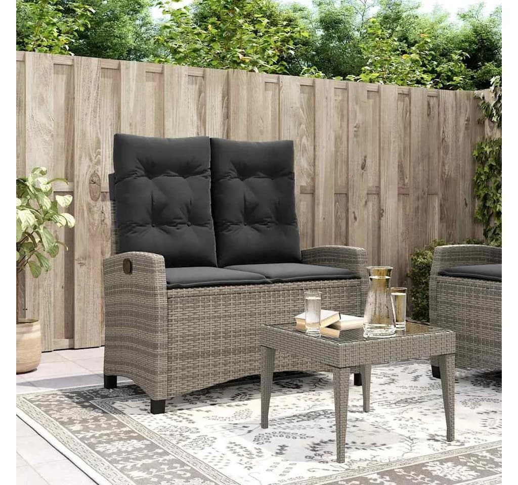 vidaXL Gartenbank Grau Poly Rattan mit Kissen Verstellbar