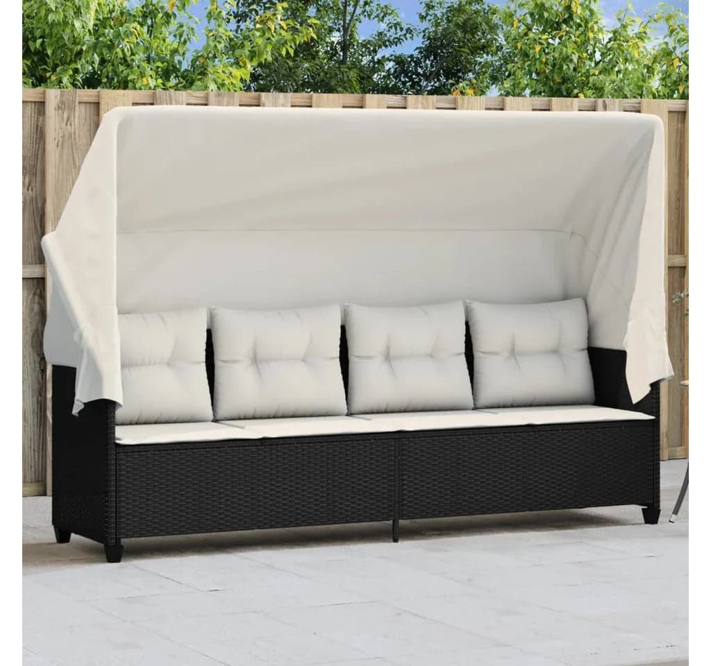 vidaXL Gartenliege mit Dach und Kissen Schwarz Poly Rattan
