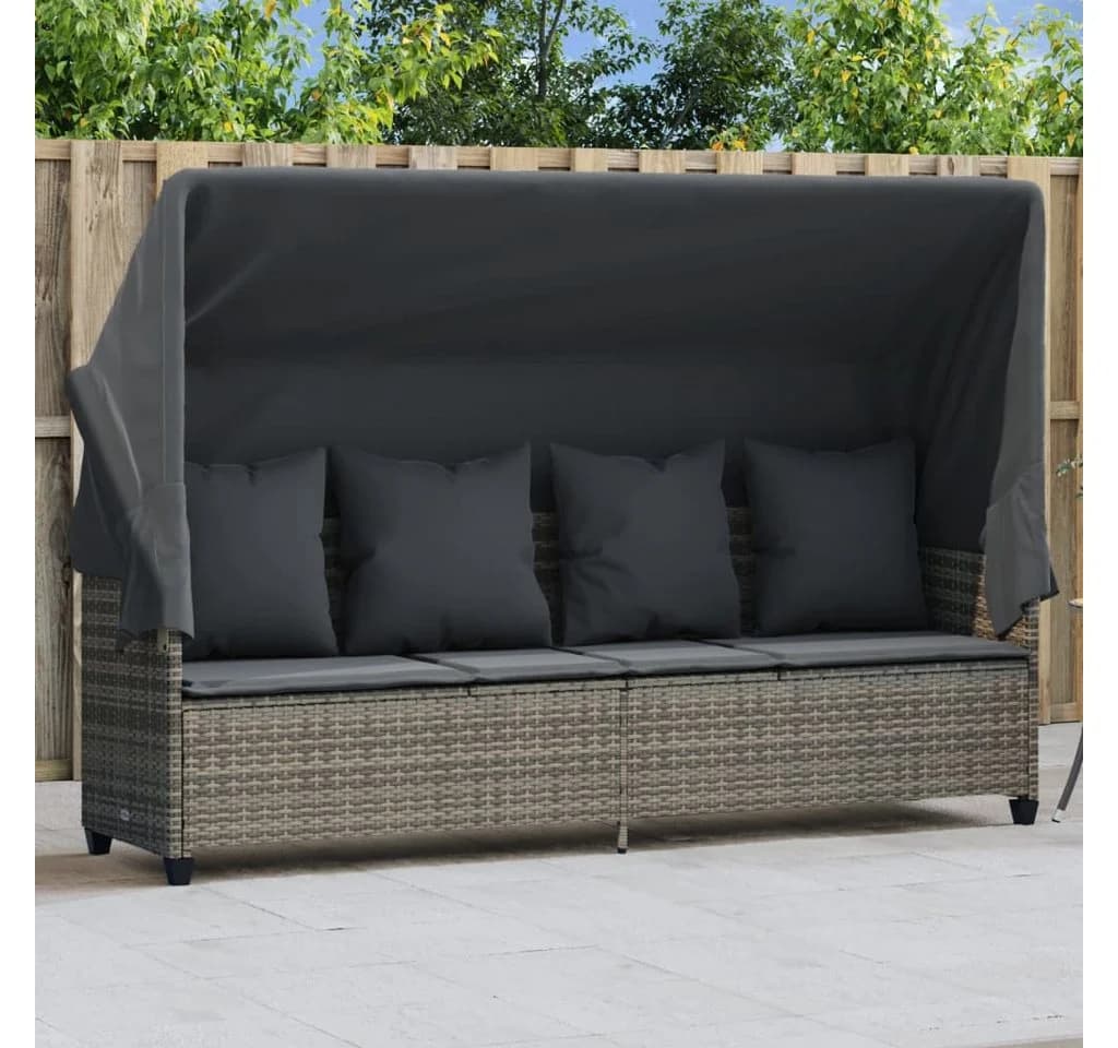 vidaXL Gartenliege mit Dach und Kissen Grau PE-Rattan