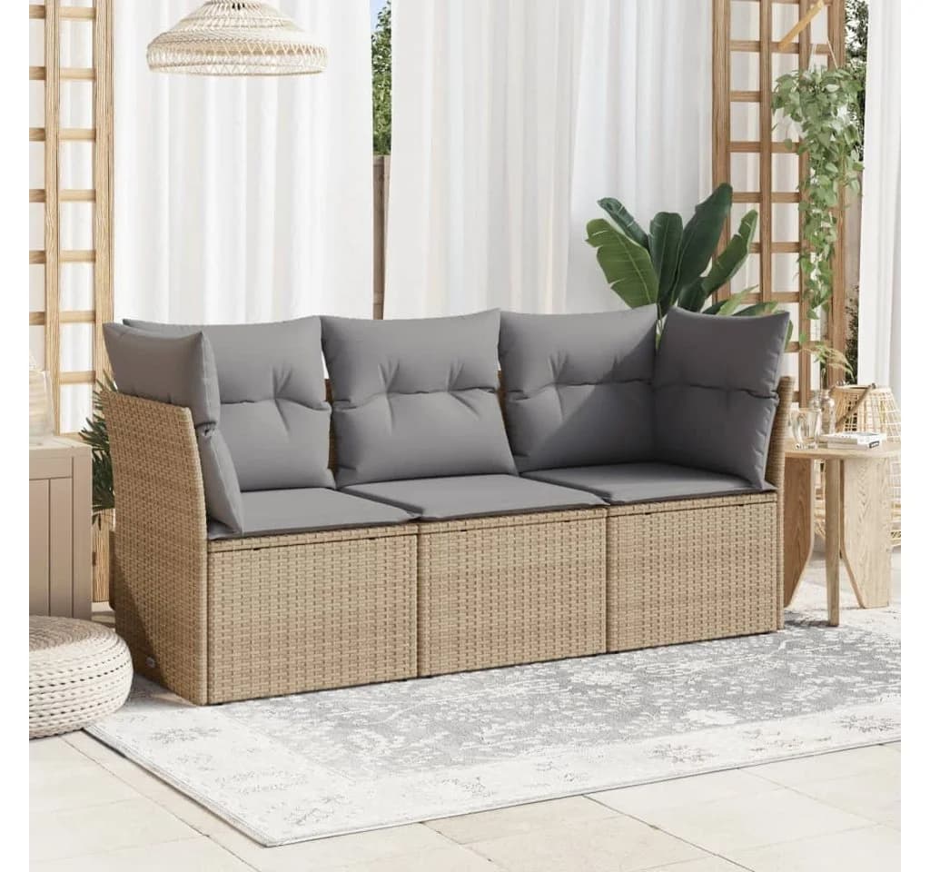 vidaXL Gartenlounge-Set 3-tlg. Beige Poly Rattan mit Kissen