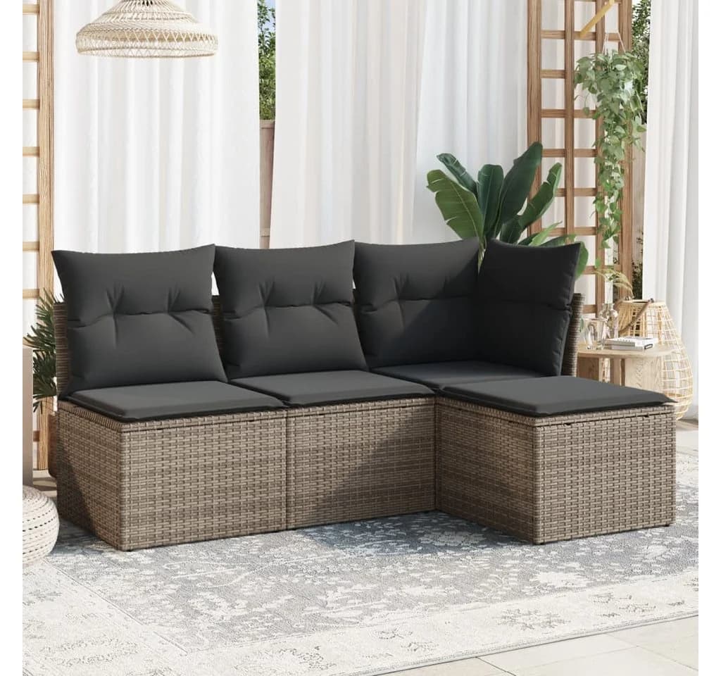 vidaXL Gartenlounge-Set 4-tlg. Grau Poly Rattan mit Kissen