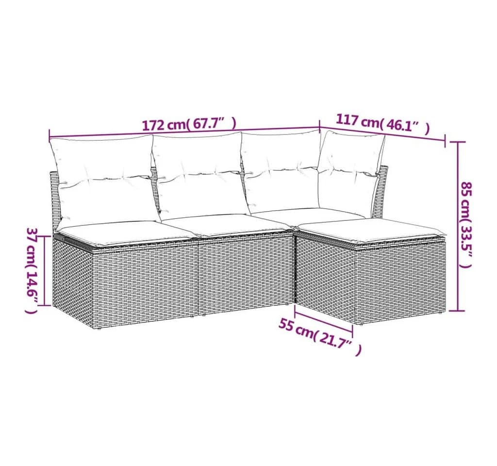 vidaXL Gartenlounge-Set 4-tlg. Grau Poly Rattan mit Kissen - Bild 3