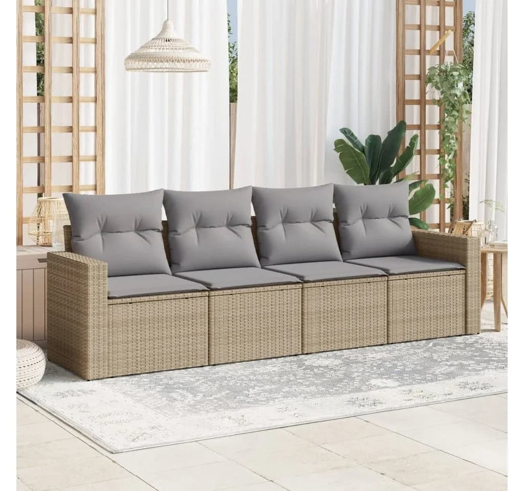 vidaXL Garten-Sofagarnitur 4-tlg. Beige Poly Rattan mit Kissen