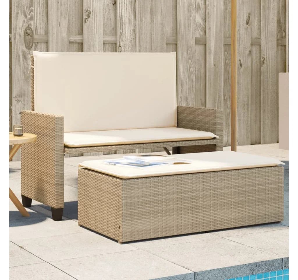 vidaXL Gartenbank mit Kissen und Hocker Beige Poly Rattan