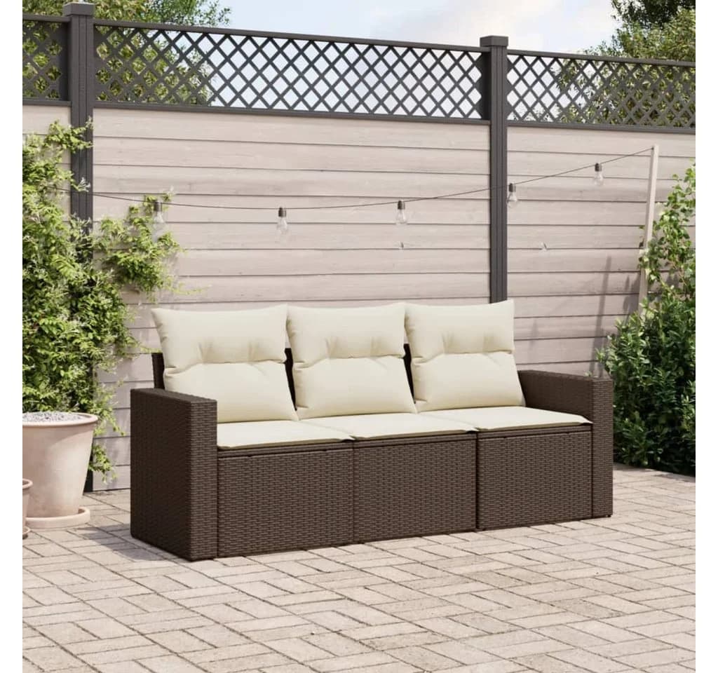 vidaXL Gartenlounge-Set 3-tlg. Braun Poly Rattan mit Kissen