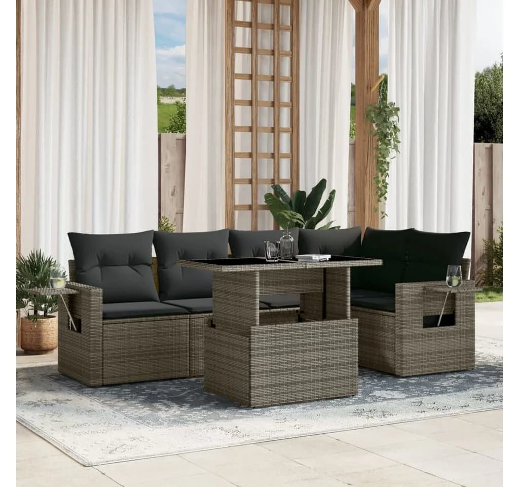 vidaXL Gartenlounge-Set 6-tlg. Grau Poly Rattan mit Kissen