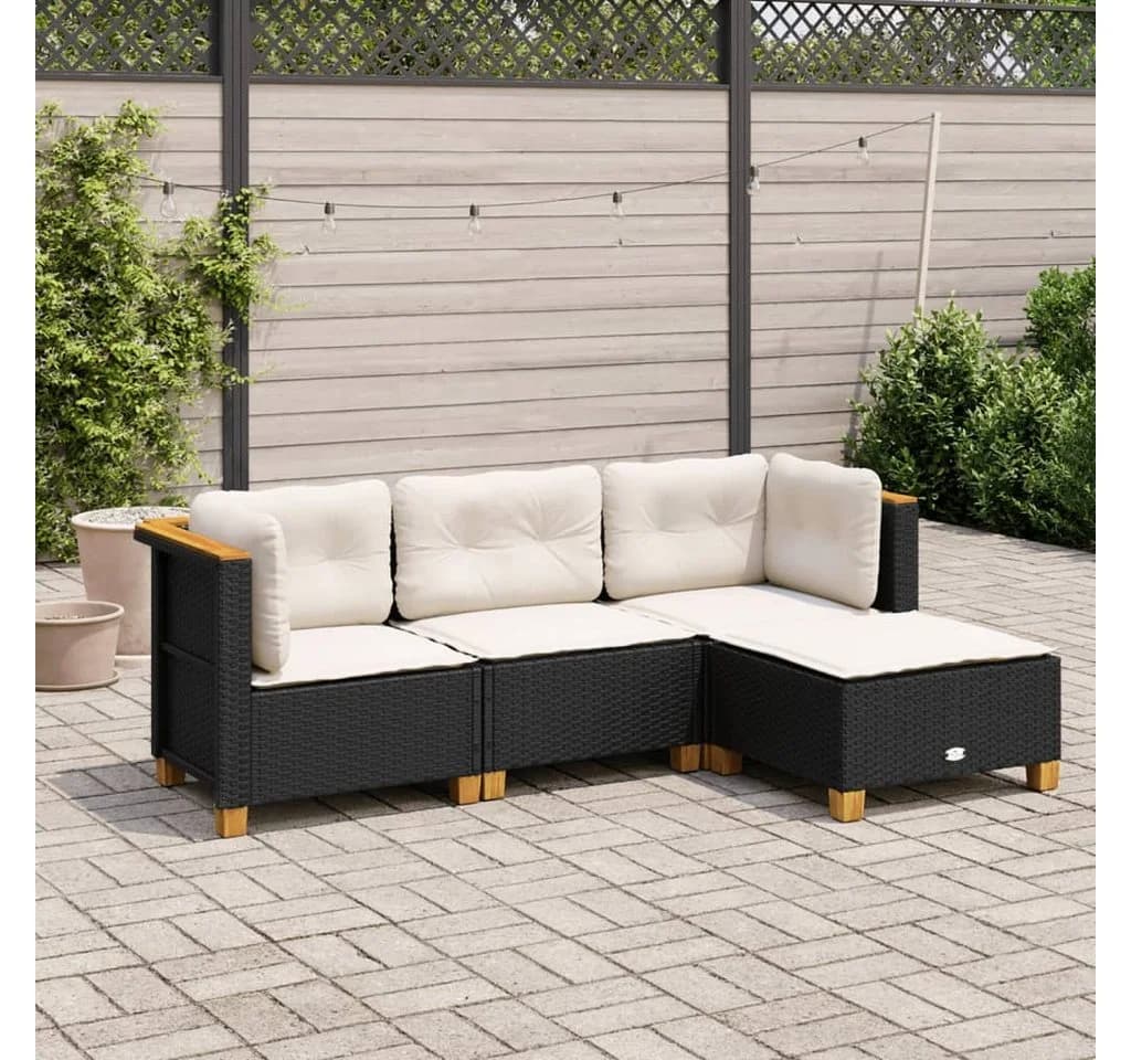 vidaXL Gartenlounge-Set 4-tlg. Schwarz Poly Rattan mit Kissen